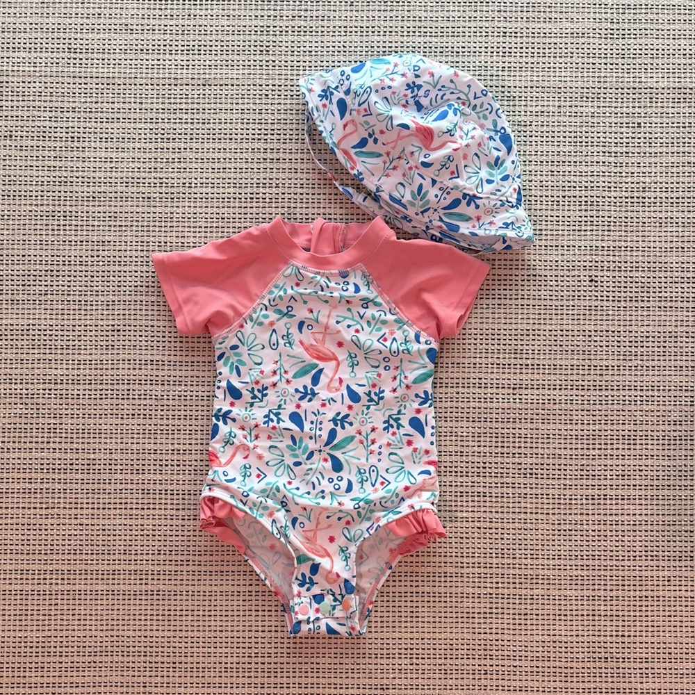Floatimini Baby Girl Swimsuit & Hat Set 18M Flamingo Print Rash Guard